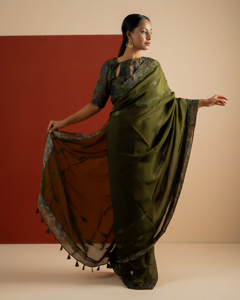 DARK SAGE SAREE SET